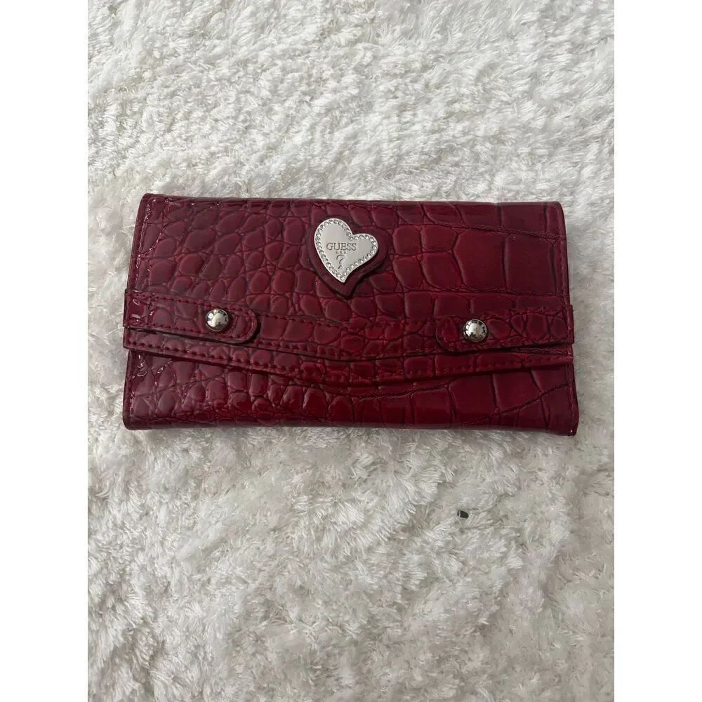 Guess Red Croc Heart Logo Silver Long Wallet